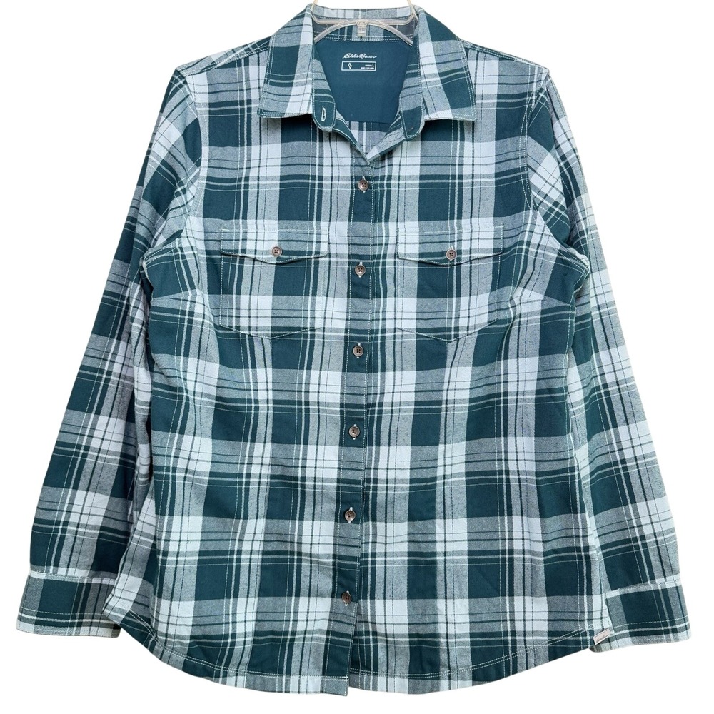 Eddie Bauer Women's Large Plaid Button Up Shirt Green/ Blue Long Sleeve